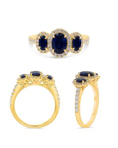 Three Stone Sapphire and Diamond Halo Ring