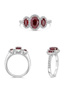Three Stone Sapphire and Diamond Halo Ring