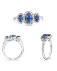 Three Stone Sapphire and Diamond Halo Ring