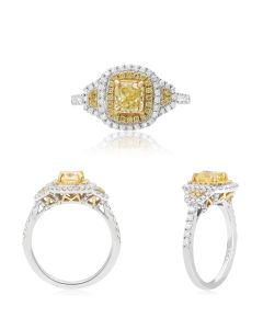 Cushion Cut Yellow Diamond Double Halo Ring