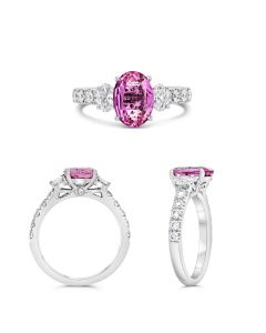 Three Stone Ring With Pink Sapphire and Oval Diamonds
