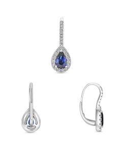 Sapphire and Diamond Drop Leverback Earrings in White Gold