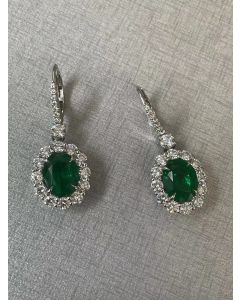 Oval Emerald and Diamond Drop Leverback Earrings in 18K White Gold
