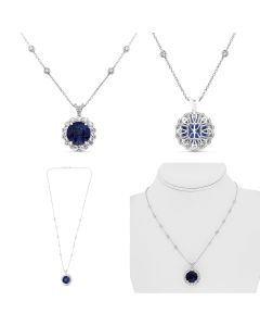 Royal Blue Halo Platinum Necklace with Round Sapphire, GIA Certified