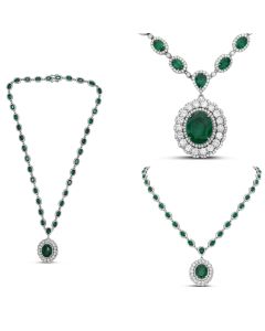 Oval Emerald Flowering Halo Drop Necklace