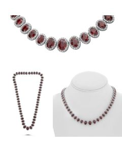Oval Ruby and Diamond Halo Necklace in 18K White Gold