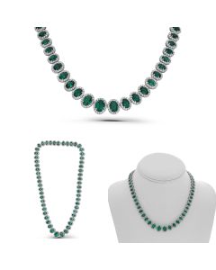 Oval Emerald and Diamond Halo Necklace in 18K White Gold