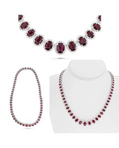 Oval Ruby and Diamond Halo Necklace in 18K White Gold