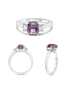 Three Stone Ring With Pink Sapphire and Emerald Cut Diamonds