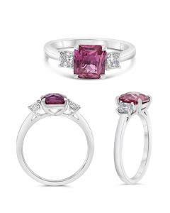 Three Stone Ring With Pink Sapphire and Cushion Diamonds