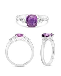 Three Stone Ring With Pink Sapphire and Pear Shape Diamonds