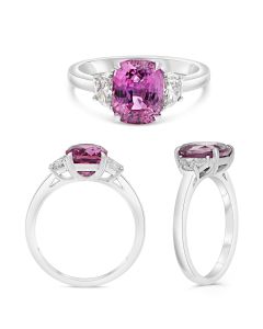 Three Stone Ring With Pink Sapphire and Half Moon Diamonds