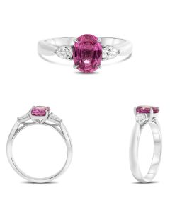 Three Stone Ring With Pink Sapphire and Pear Shape Diamonds