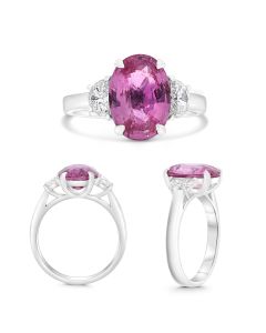 Three Stone Ring With Pink Sapphire and Half Moon Diamonds