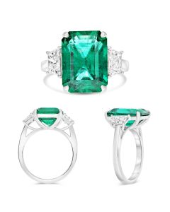 Three Stone Emerald Cut Emerald and Trapezoid Diamond Ring