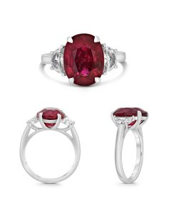 Three Stone Oval Ruby and Half Moon Diamond Ring