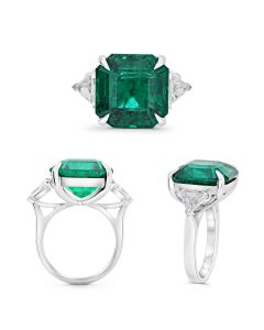 Three Stone Radiant Emerald and Trilliant Diamond Ring