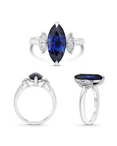 Three Stone Ring With Sapphire and Marquise Diamonds