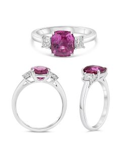 Three Stone Ring With Pink Sapphire and Cushion Diamonds