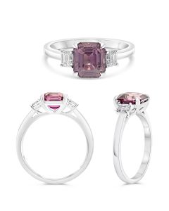 Three Stone Ring With Pink Sapphire and Emerald Cut Diamonds Three Stone Ring With Pink Sapphire and Emerald Cut Diamonds