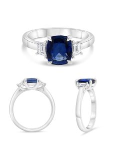 Three Stone Ring With Sapphire and Trapazoid Diamonds