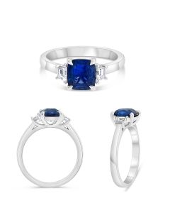 Three Stone Ring With Sapphire and Trapazoid Diamonds