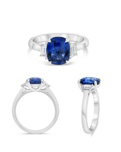 Three Stone Ring With Sapphire and Trapazoid Diamonds
