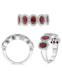 5 Stone Oval Ruby Diamond Halo Ring in Platinum