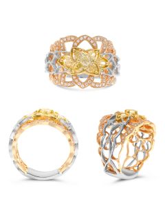 18K Tricolor Gold Fashion Ring with Yellow and White Diamonds