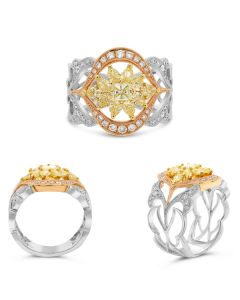 Tricolor Gold Ring with 1+ Carats Yellow Diamond Floral Design