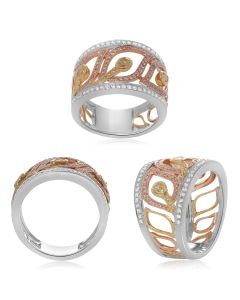 Tricolor 18K Gold Fashion Ring with Yellow, White & Pink Diamonds