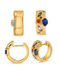 Sandblast Multi Colored Gem Yellow Gold Hoop Earrings