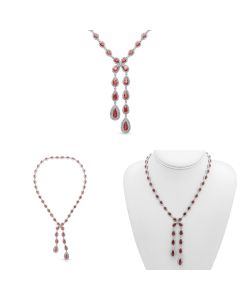 Elegant Double-Halo Pear-Shaped Ruby Necklace in 18K White Gold