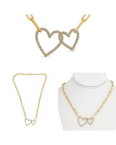 Yellow Gold and Diamond Double Heart Necklace 