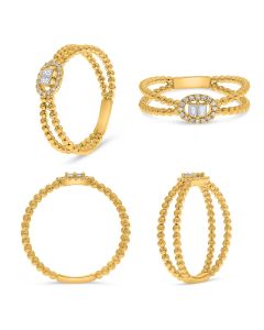 Two Row Yellow Gold Double Baguette Diamond Ring 