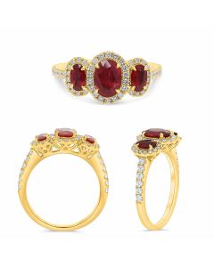Three Stone Ruby and Diamond Halo Ring