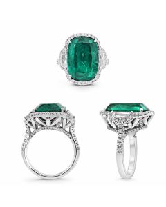 Three Stone Cushion Emerald and Cadillac Diamond Ring