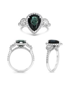 PLATINUM 3.63 PEAR SHAPE GREEN SAPPHIRE AND DIAMOND RING 