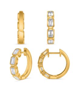Yellow Gold and Emerald Cut Diamond Hoop Earrings 