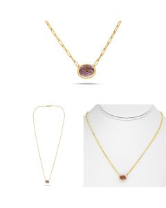 Yellow Gold Paper Clip Oval Pink Sapphire Necklace 