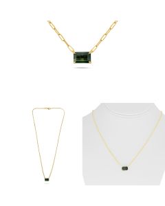 Yellow Gold Paper Clip Emerald Cut Green Sapphire Necklace 