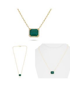 Yellow Gold Paper Clip Halo Emerald Cut Emerald Necklace