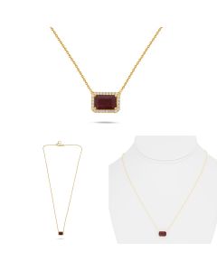 Yellow Gold Halo Emerald Cut Ruby Necklace 