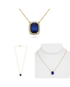 Yellow Gold Halo Cushion Cut Sapphire Necklace