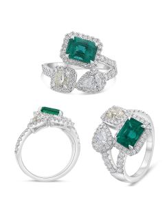 Three Row Diamond and Emerald Ring