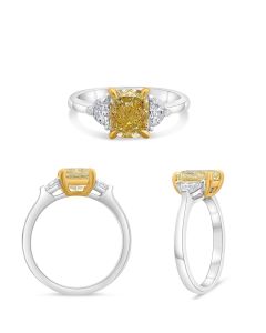 Three Stone Cushion Cut Yellow Diamond Ring 