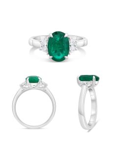 Platinum 2.30 Carat Emerald and Half Moon Diamond Three stone Ring 