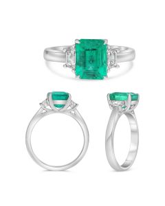 Platinum Emerald Cut Three Stone Emerald and Diamond Ring 