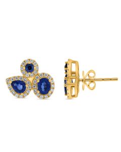 Yellow Gold Three stone Sapphire Earrings 