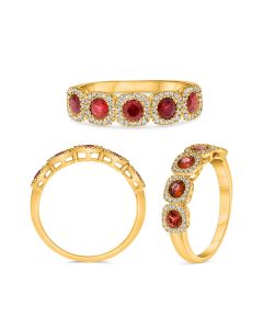 Five Ruby Halo Diamond Yellow Gold Ring 